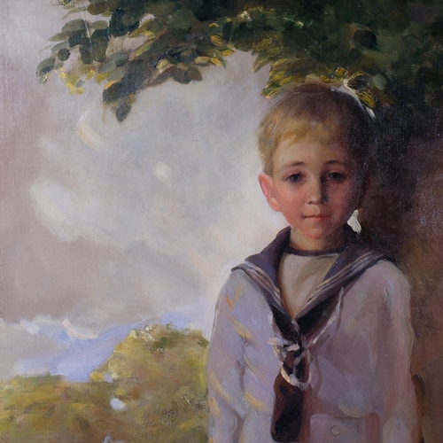 302 - Portrait of a boy wearing a sailor suit, early 20th century English School, oil on canvas, indistinc... 