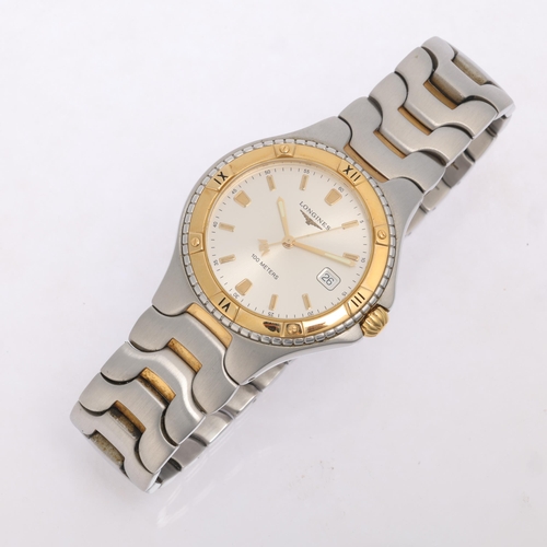 1004 - LONGINES - a gold plated stainless steel Conquest quartz calendar bracelet watch, ref. L3.612.3, cir... 