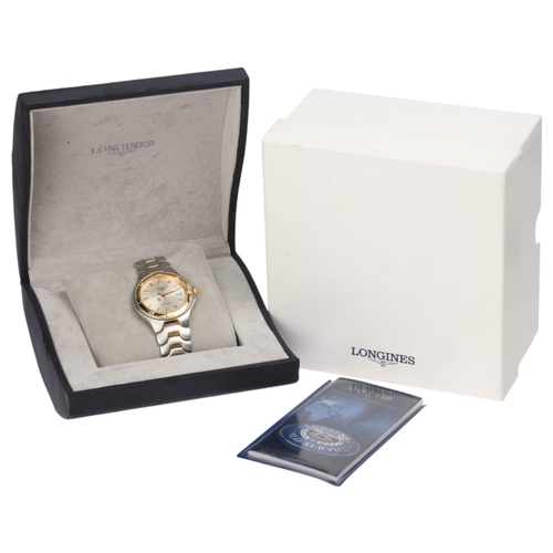 1004 - LONGINES - a gold plated stainless steel Conquest quartz calendar bracelet watch, ref. L3.612.3, cir... 