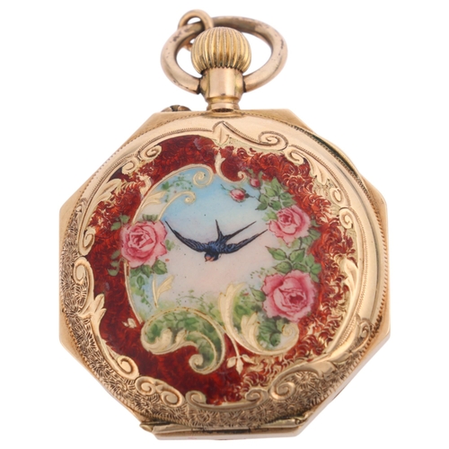 1024 - A Continental 14ct gold enamel open-face key-wind fob watch, white enamel dial with hand painted Rom... 