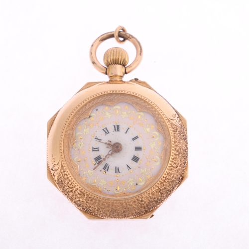 1024 - A Continental 14ct gold enamel open-face key-wind fob watch, white enamel dial with hand painted Rom... 