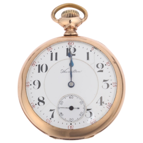 1026 - HAMILTON - a gold plated open-face keyless pocket watch, white enamel dial with Arabic numerals, blu... 