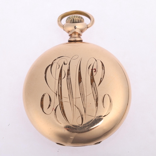 1026 - HAMILTON - a gold plated open-face keyless pocket watch, white enamel dial with Arabic numerals, blu... 