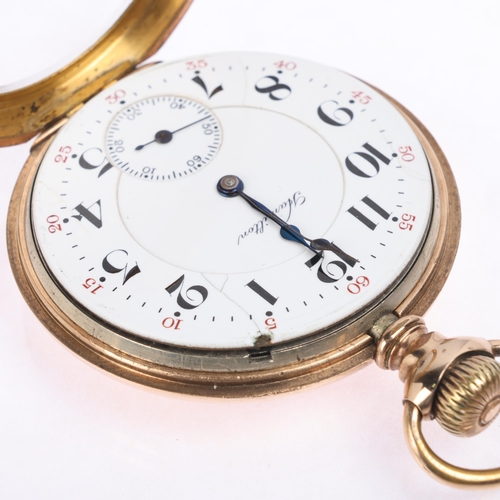 1026 - HAMILTON - a gold plated open-face keyless pocket watch, white enamel dial with Arabic numerals, blu... 