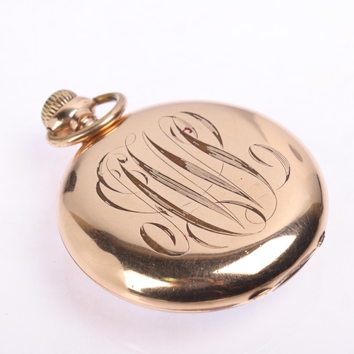 1026 - HAMILTON - a gold plated open-face keyless pocket watch, white enamel dial with Arabic numerals, blu... 