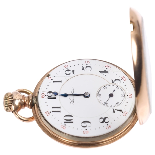 1026 - HAMILTON - a gold plated open-face keyless pocket watch, white enamel dial with Arabic numerals, blu... 