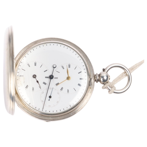 1029 - An Antique fine silver Captain's dual time zone full hunter key-wind pocket watch, white enamel dial... 