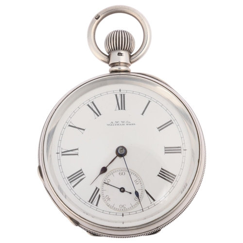 1030 - WALTHAM - a late 19th century silver open-face keyless pocket watch, white enamel dial with Roman nu... 