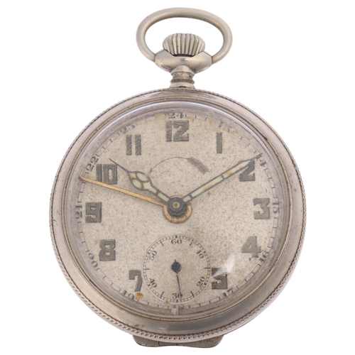 1032 - A First World War Period nickel-cased open-face keyless alarm pocket watch, silvered dial with Arabi... 