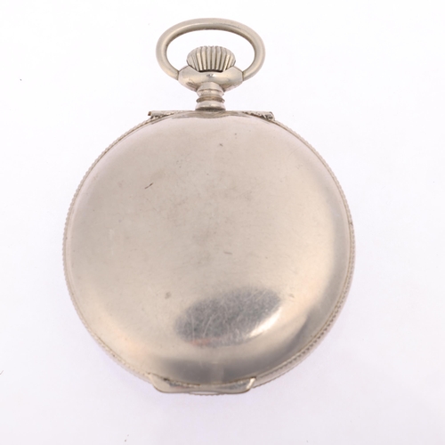 1032 - A First World War Period nickel-cased open-face keyless alarm pocket watch, silvered dial with Arabi... 