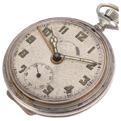 1032 - A First World War Period nickel-cased open-face keyless alarm pocket watch, silvered dial with Arabi... 