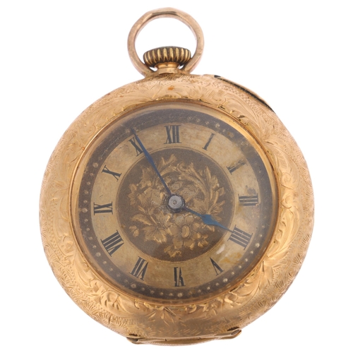 1033 - A Swiss 18ct gold open-face keyless fob watch, by Dimier Freres & Cie, gilt floral engraved dial wit... 