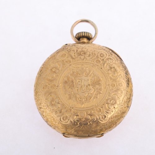 1033 - A Swiss 18ct gold open-face keyless fob watch, by Dimier Freres & Cie, gilt floral engraved dial wit... 