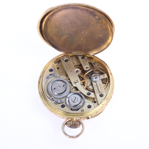 1033 - A Swiss 18ct gold open-face keyless fob watch, by Dimier Freres & Cie, gilt floral engraved dial wit... 