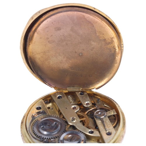 1033 - A Swiss 18ct gold open-face keyless fob watch, by Dimier Freres & Cie, gilt floral engraved dial wit... 