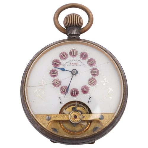 1035 - HEBDOMAS - an early 20th century gunmetal open-face keyless pocket watch, white enamel semi-skeleton... 