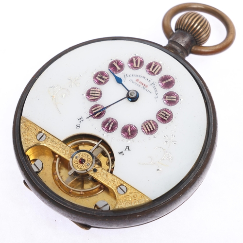 1035 - HEBDOMAS - an early 20th century gunmetal open-face keyless pocket watch, white enamel semi-skeleton... 