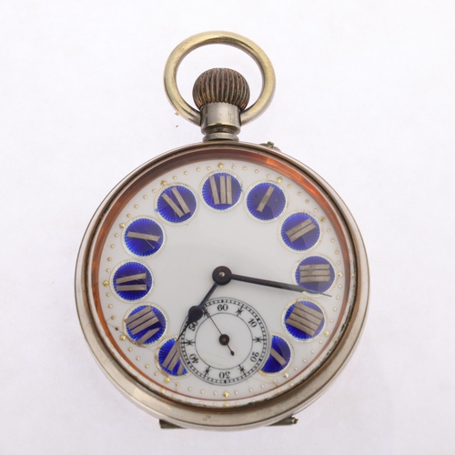 1037 - An Antique nickel-cased Goliath open-face keyless pocket watch, white enamel dial with blue guilloch... 