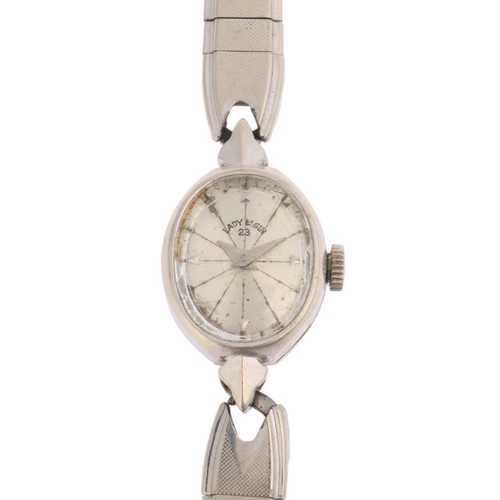 1044 - LADY ELGIN - a lady's Vintage 14ct white gold mechanical wristwatch, silvered dial with arrowhead ho... 