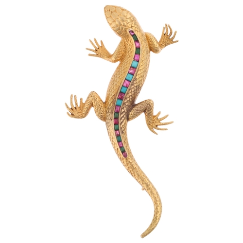 1101 - CARTIER - an 18ct gold ruby and turquoise lizard brooch, circa 1940, realistically modelled as a liz... 