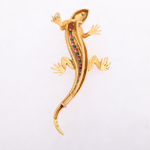 1101 - CARTIER - an 18ct gold ruby and turquoise lizard brooch, circa 1940, realistically modelled as a liz... 