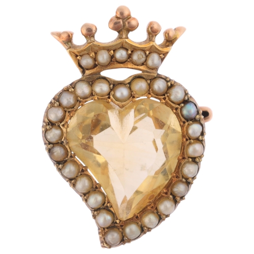 1102 - A 9ct gold citrine and pearl witch's heart brooch, set with heart-cut citrine surrounded by a row of... 