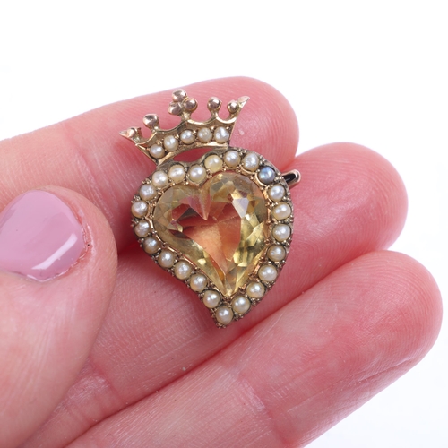 1102 - A 9ct gold citrine and pearl witch's heart brooch, set with heart-cut citrine surrounded by a row of... 