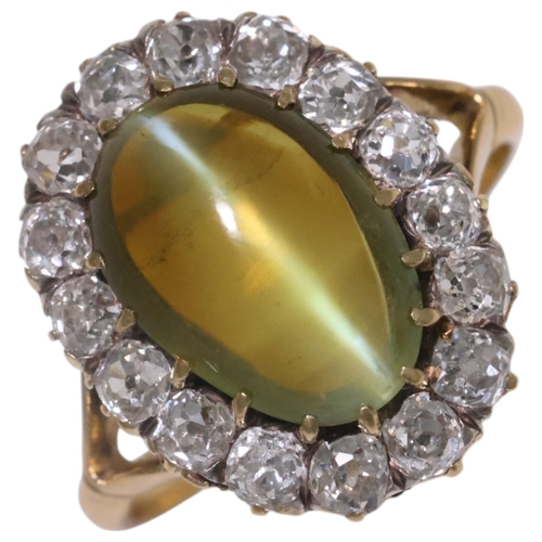 1103 - An Antique 18ct gold cat's eye chrysoberyl and diamond cluster ring, late 19th century, set with a 4... 