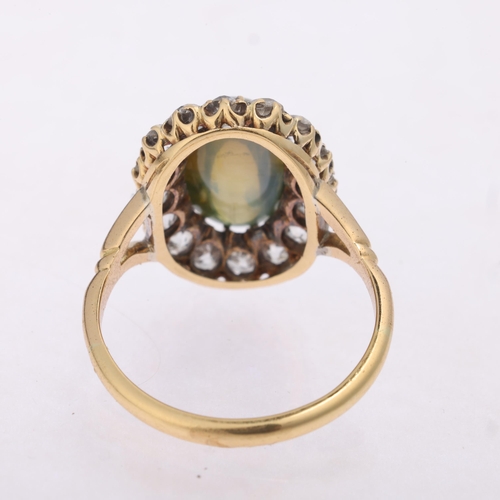 1103 - An Antique 18ct gold cats eye chrysoberyl and diamond cluster ring, late 19th century, set with a 4.... 