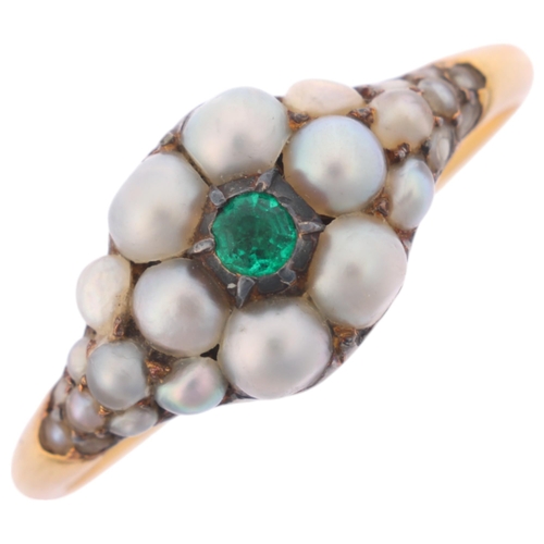 1105 - An Antique Victorian emerald and split pearl 'Forget-Me-Not' mourning ring, centrally cut-down colle... 