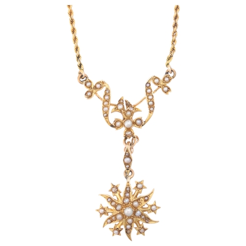 1106 - An Antique Victorian 15ct gold split pearl starburst pendant necklace, circa 1880, the removeable 6-... 