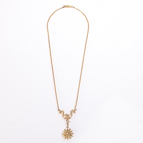 1106 - An Antique Victorian 15ct gold split pearl starburst pendant necklace, circa 1880, the removeable 6-... 