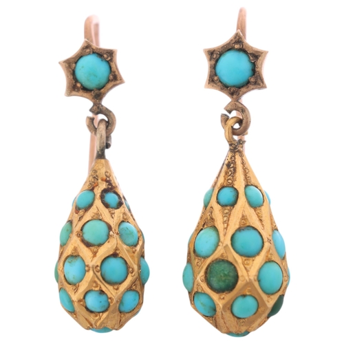 1107 - A pair of Antique Victorian 15ct turquoise torpedo drop earrings, circa 1860, the drops of faceted f... 