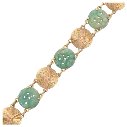 1112 - An 18ct two-colour gold jade panel bracelet, with alternating floral carved and pierced jade, and fo... 