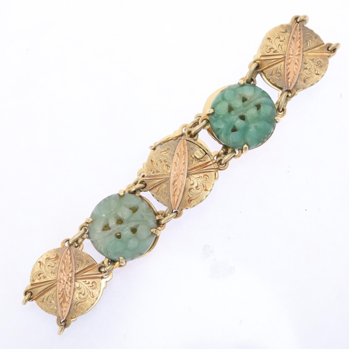 1112 - An 18ct two-colour gold jade panel bracelet, with alternating floral carved and pierced jade, and fo... 