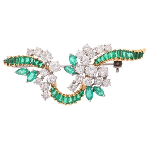 1113 - An 18ct gold emerald and diamond ribbon brooch, set with a row of rectangular step-cut emeralds, sur... 