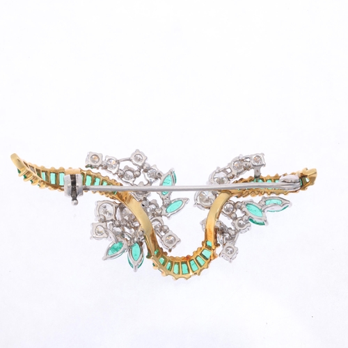 1113 - An 18ct gold emerald and diamond ribbon brooch, set with a row of rectangular step-cut emeralds, sur... 