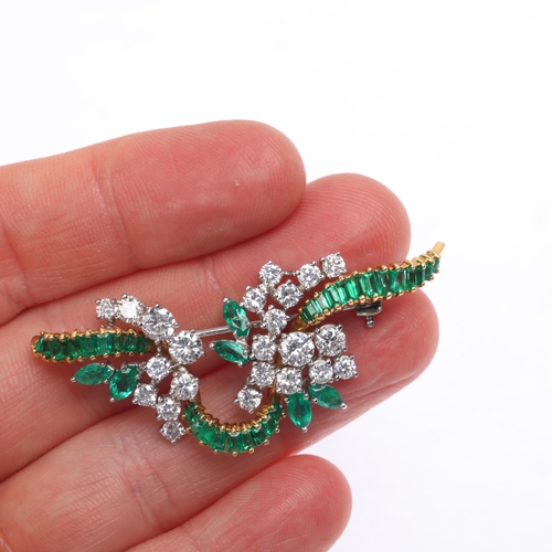 1113 - An 18ct gold emerald and diamond ribbon brooch, set with a row of rectangular step-cut emeralds, sur... 