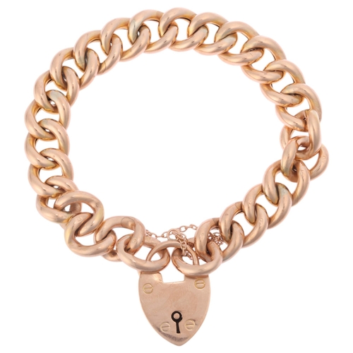 1114 - An Antique 9ct rose gold hollow curb link chain bracelet, maker WHW Ltd, with 9ct heart padlock clas... 