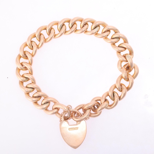 1114 - An Antique 9ct rose gold hollow curb link chain bracelet, maker WHW Ltd, with 9ct heart padlock clas... 