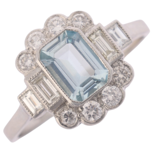 1115 - A platinum aquamarine and diamond cluster ring, millegrain set with 0.65ct octagonal step-cut aquama... 