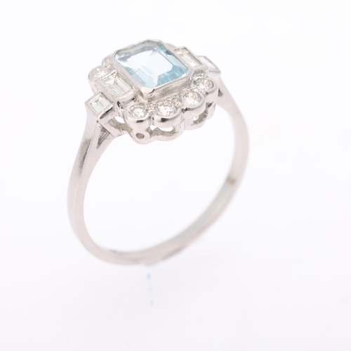 1115 - A platinum aquamarine and diamond cluster ring, millegrain set with 0.65ct octagonal step-cut aquama... 