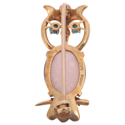 1117 - A 9ct gold chalcedony and turquoise novelty owl brooch, maker HGM, London 1963, 34.5mm, 6g