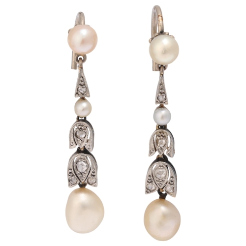 1119 - A pair of natural pearl and diamond earrings, composed of foliate links set with rose-cut diamonds, ... 