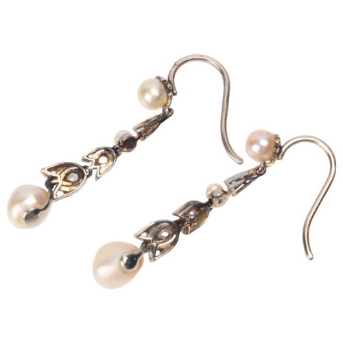 1119 - A pair of natural pearl and diamond earrings, composed of foliate links set with rose-cut diamonds, ... 