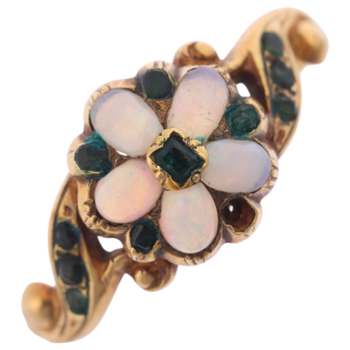 1126 - An Antique Victorian 18ct gold opal chrysolite 'Forget-Me-Not' ring, circa 1850, set with oval caboc... 