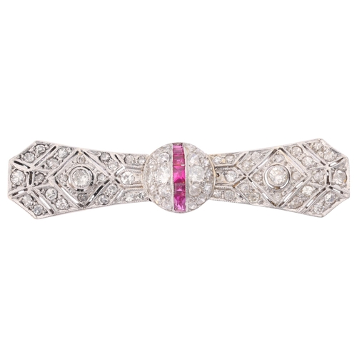 1127 - An Art Deco 18ct white gold ruby and diamond 'Bow Tie' plaque brooch, by Deakin & Francis, indistinc... 