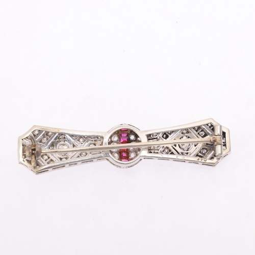 1127 - An Art Deco 18ct white gold ruby and diamond 'Bow Tie' plaque brooch, by Deakin & Francis, indistinc... 