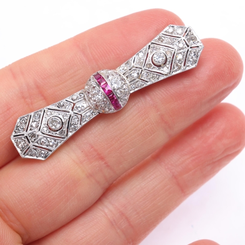 1127 - An Art Deco 18ct white gold ruby and diamond 'Bow Tie' plaque brooch, by Deakin & Francis, indistinc... 