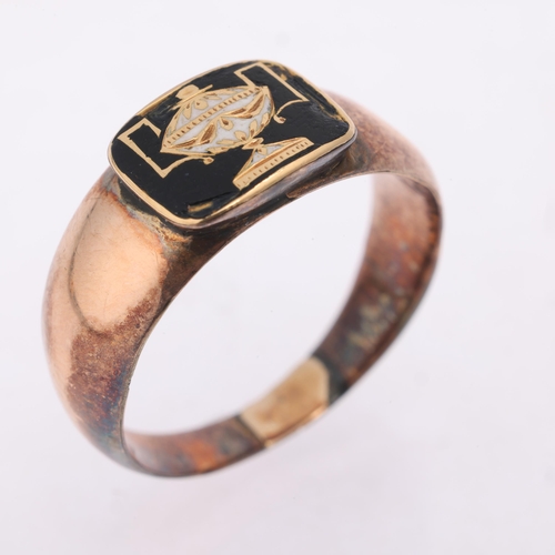 1128 - A Georgian 9ct rose gold enamel 'Urn' mourning ring, the oval enamel panel depicting funerary urn, o... 